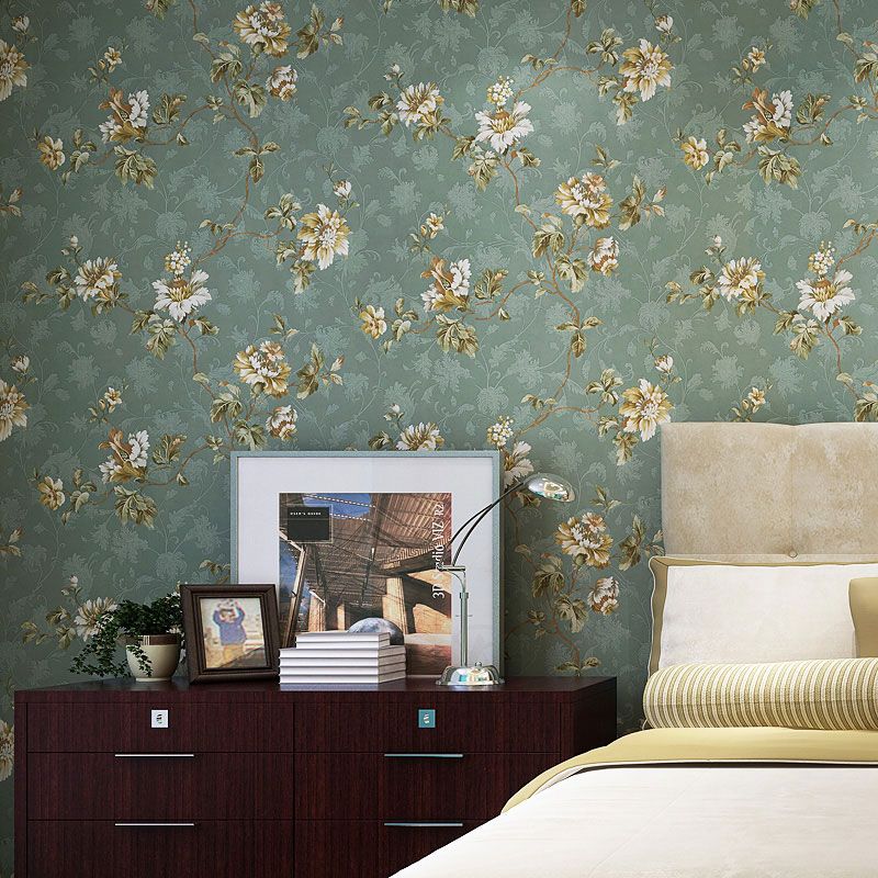 Rural Blossoms Wallpaper Roll for Home Decoration, 57.1 sq ft. Wall Covering in Green and Blue