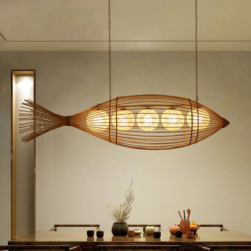 Handcrafted Fish Tea Room Chandelier Lighting Bamboo Minimalist Pendant Light in Wood