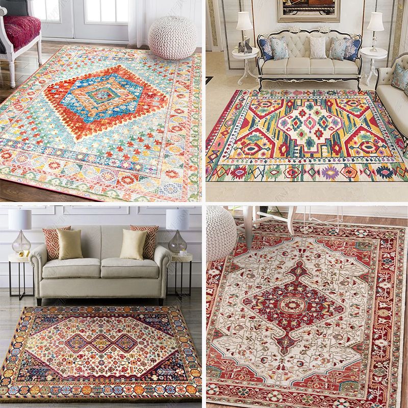 Moroccan Living Room Rug Multi-Colored Printed Carpet Cotton Anti-Slip Machine Washable Pet Friendly Rug