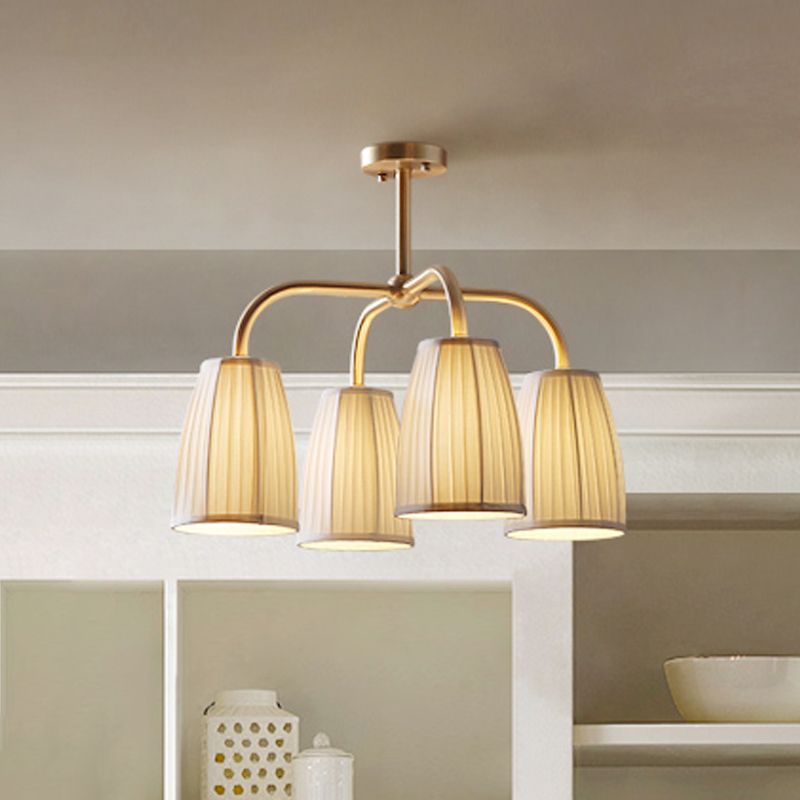Gold 4/6 Lights Flush Chandelier Countryside Gathered Fabric Bell Shaped Hanging Light Fixture