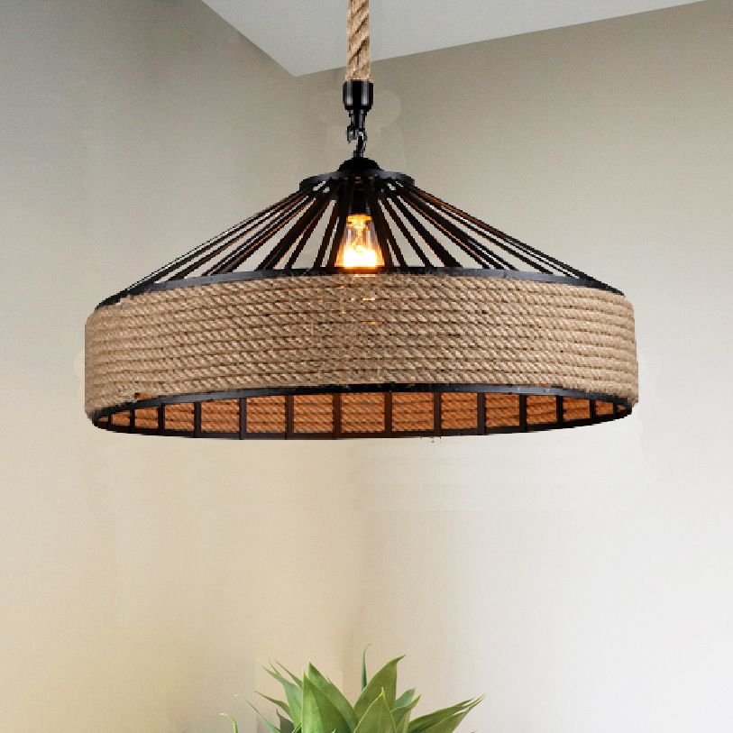 1 Light Pendant Lighting Industrial Style Drum Shape Rope Hanging Ceiling Light