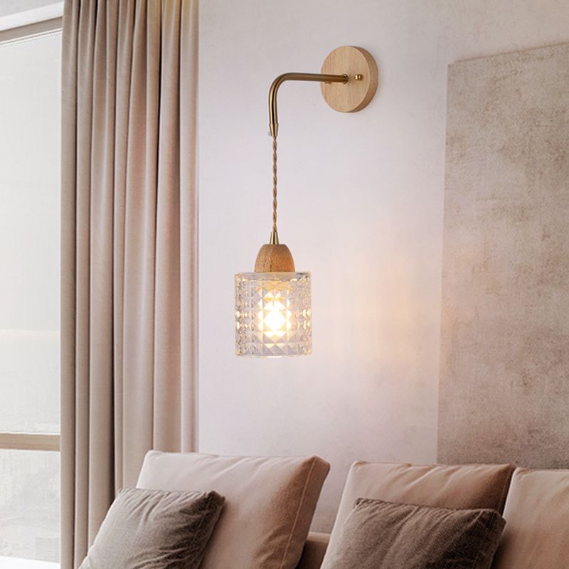 Modern Glass Wall Light Geometric Shape Wall Sconce with Wood for Living Room