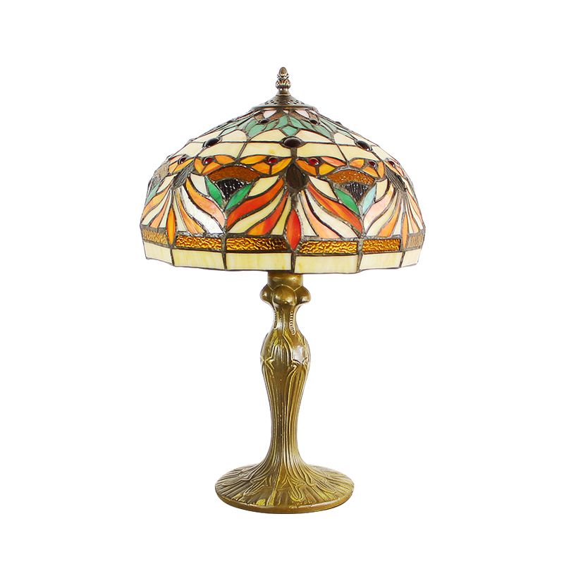 Dome Shade Cut Glass Nightstand Light Victorian 1-Bulb Bronze Night Table Lamp with Fish Pattern