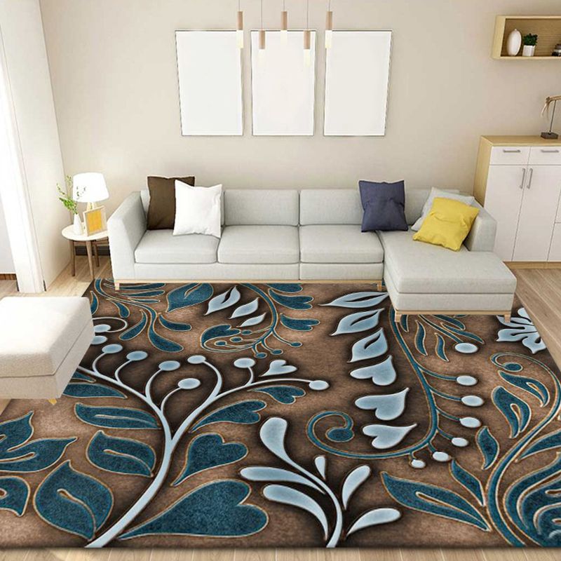 Green Modern Rug Flowers Polyester Indoor Rug Stain Resistant Rug for Living Room