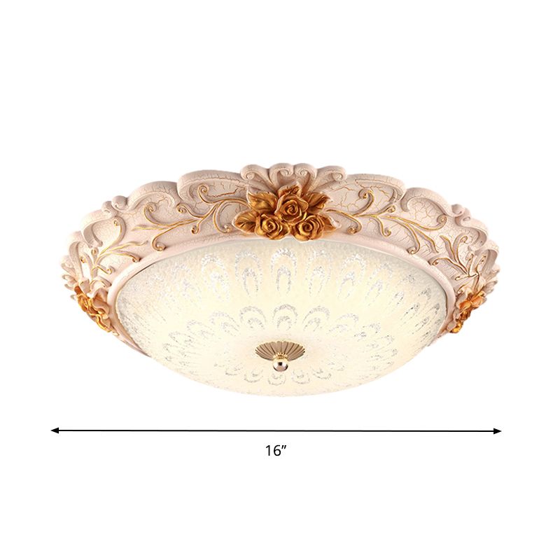 12"/16"/19.5" Width LED Flush Mount Lighting with Domed Shade Opal Blown Glass Retro Living Room Ceiling Lamp in White-Gold