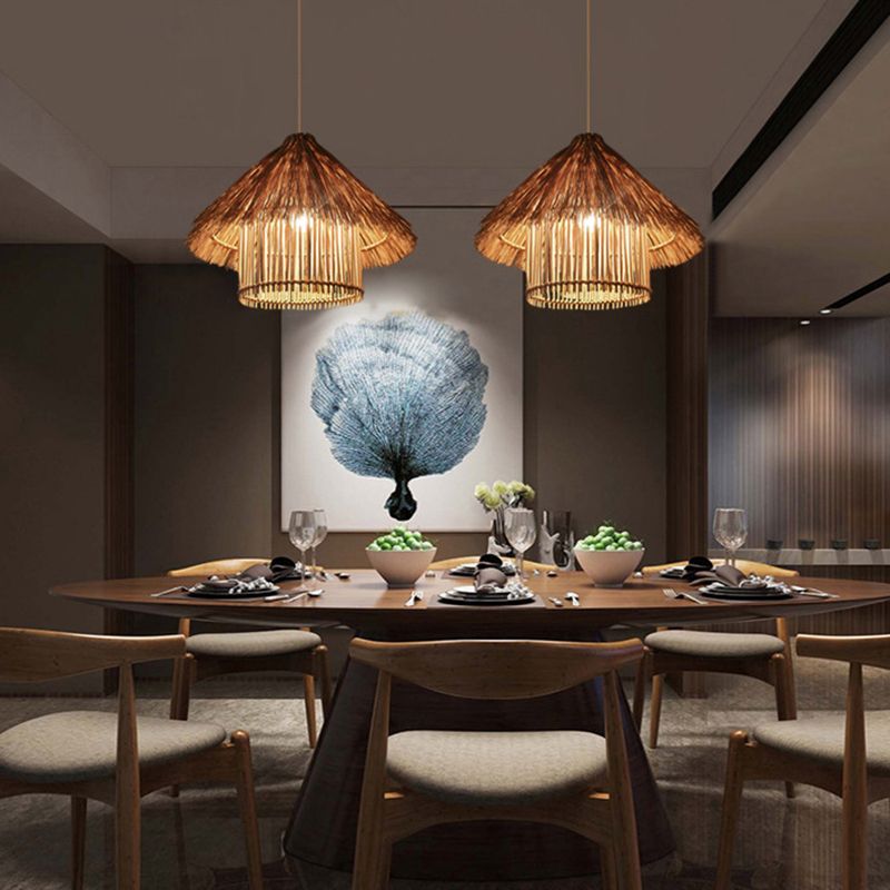 Rattan Shaded Ceiling Light Asian Style 1 Bulb Wood Hanging Lighting Fixture for Restaurant