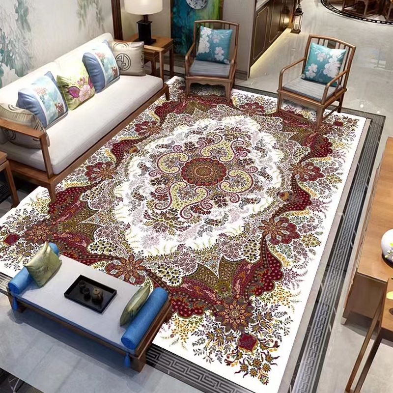 Traditional Medallion Print Rug Polyester Carpet Non-Slip Backing Area Rug for Living Room