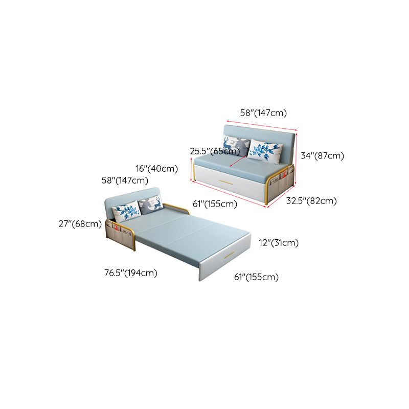 Glam Round Arms Futon Frame Bonded Leather Blue Sleeper Sofa