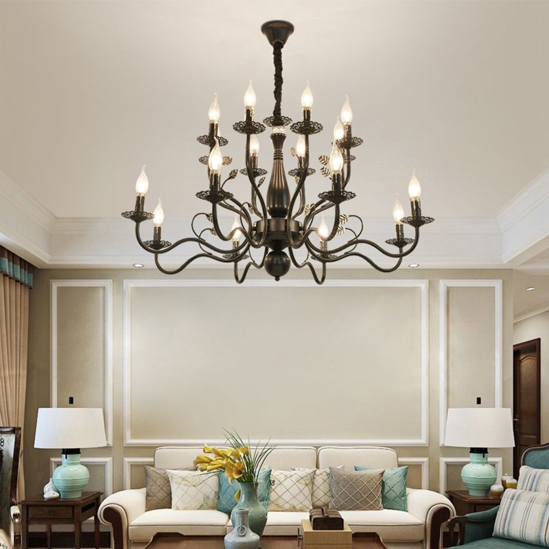 Metal Swooping Arm Hanging Chandelier Traditional 6/12/16 Lights Living Room Pendant Light in Dark Brown