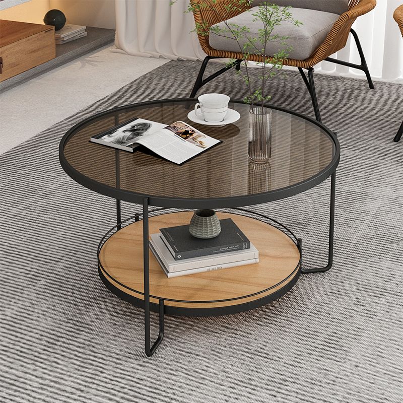 Round Glass Top Coffee Table 17.7" H Iron 3 Legs Cocktail Table with Shelf