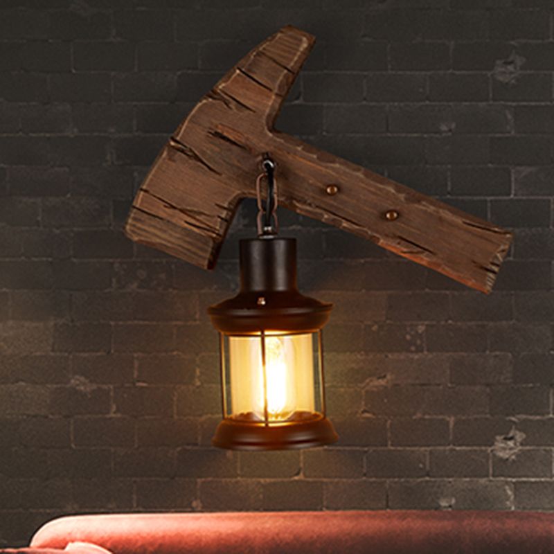 Single-Bulb Lampe Bauernhaus Axt Holzwandbeleuchtung mit Laternenschatten für Bistro
