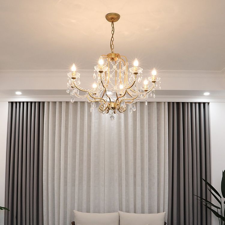 Gold Chandelier Lamp Vintage Metal Candle Suspension Pendant Light with Crystal Drop