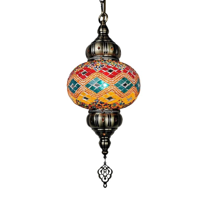 1 Head Cut Glass Ceiling Pendant Light Traditional Beige/Yellow/Blue Oval Dining Room Hanging Light Fixture