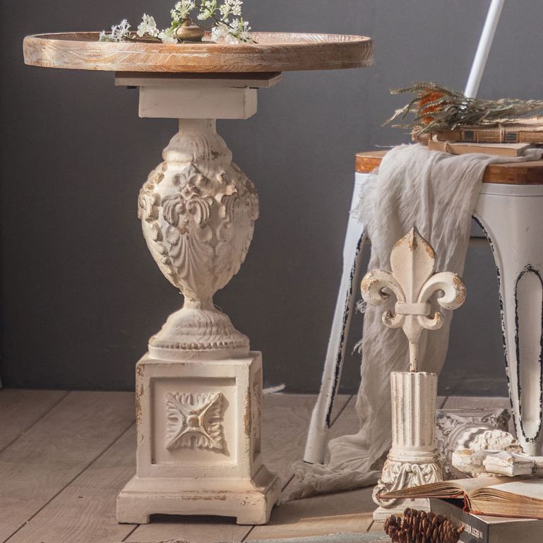 Pedestal Distressed Round Sofa Side Accent Table Rustic Side End Table in White