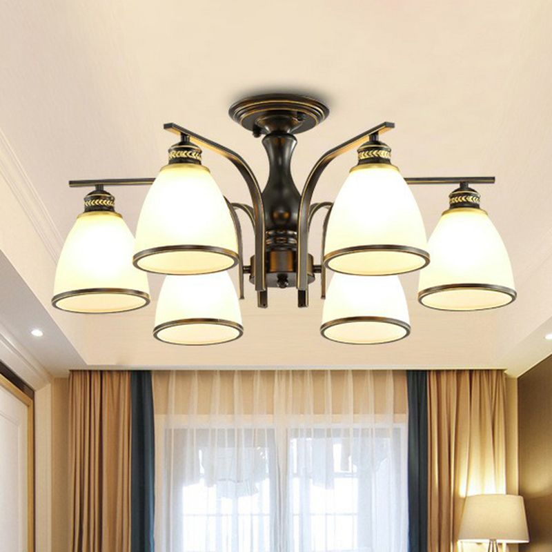Rustic Bowl Shaped Semi Flush Frost Glass Ceiling Mount Chandelier for Living Room