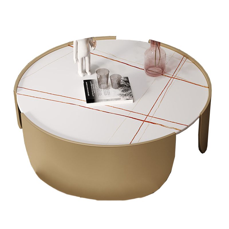 Glam Stone Top Coffee Table with Steel Drum Base Round Cocktail Table
