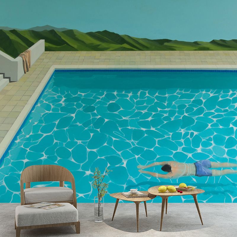 Breaststroke Swimming Murals Wallpaper Blue Artistic Wall Covering for Living Room