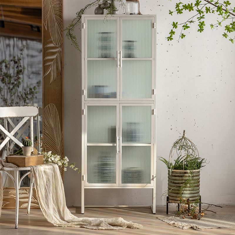 Industrial Metal Cabinet in White Distressed Chest with Glass Paned