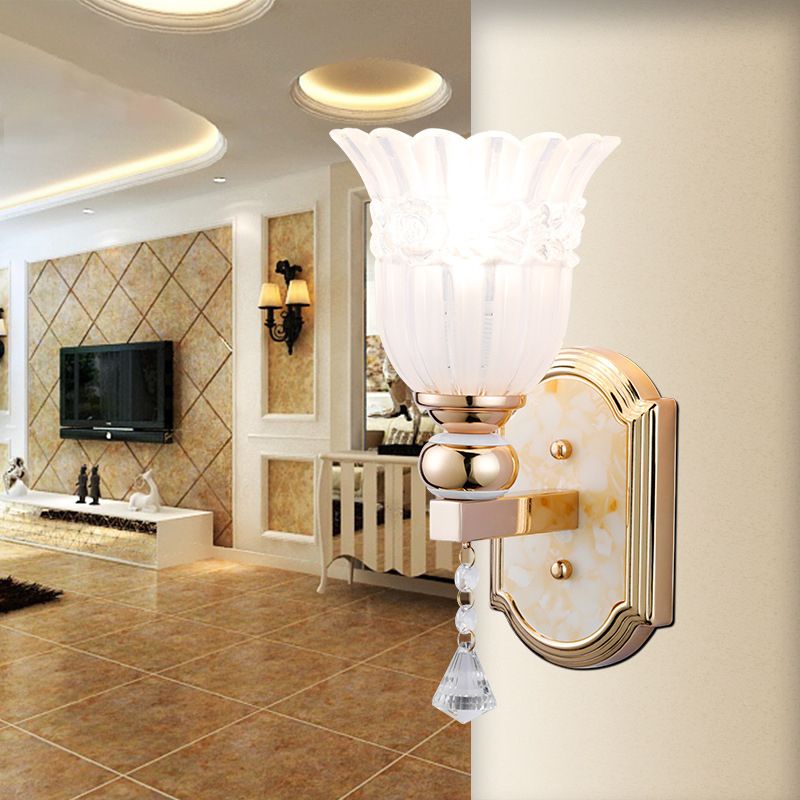 Frosted Glass Floral Wall Sconce Lamp Country Style 1 Bulb Gold Finish Wall Lighting Fixture for Corridor