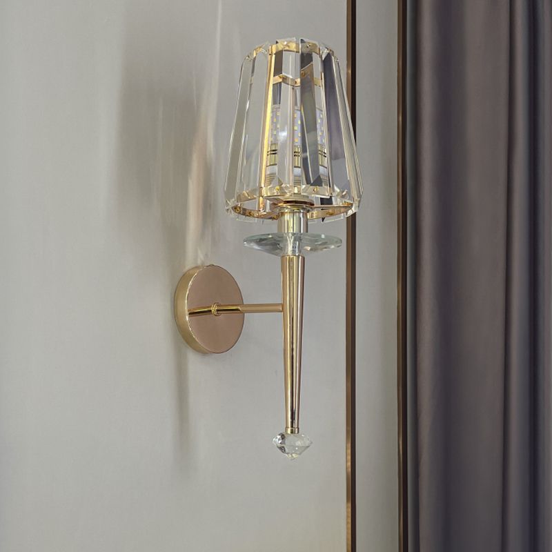 1-Light Sconce Light Fixture Modern Style Conical Clear Crystal Wall Mounted Lights in Gold