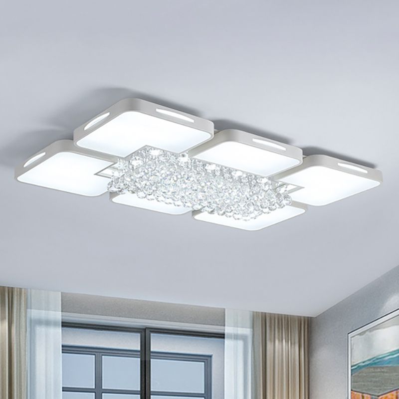 Acrylic Rectangle Flush Mount Ceiling Light Modern White Led Indoor Lighting with Crystal Ball, 23.5"/35.5" W