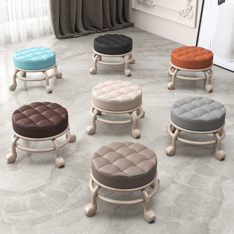 Stain Resistant Ottoman Solid PU Leather Tufted Round Ottoman with Wheels