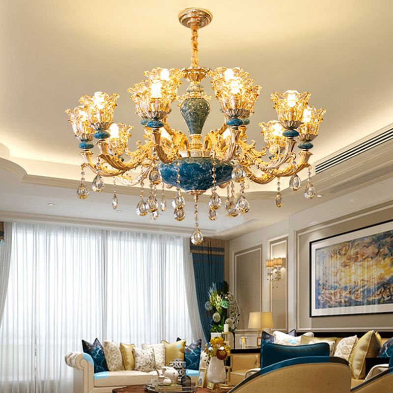 Flared Ruffle Glass Chandelier Pendant Light Vintage Living Room Hanging Light with Hanging Crystal in Gold