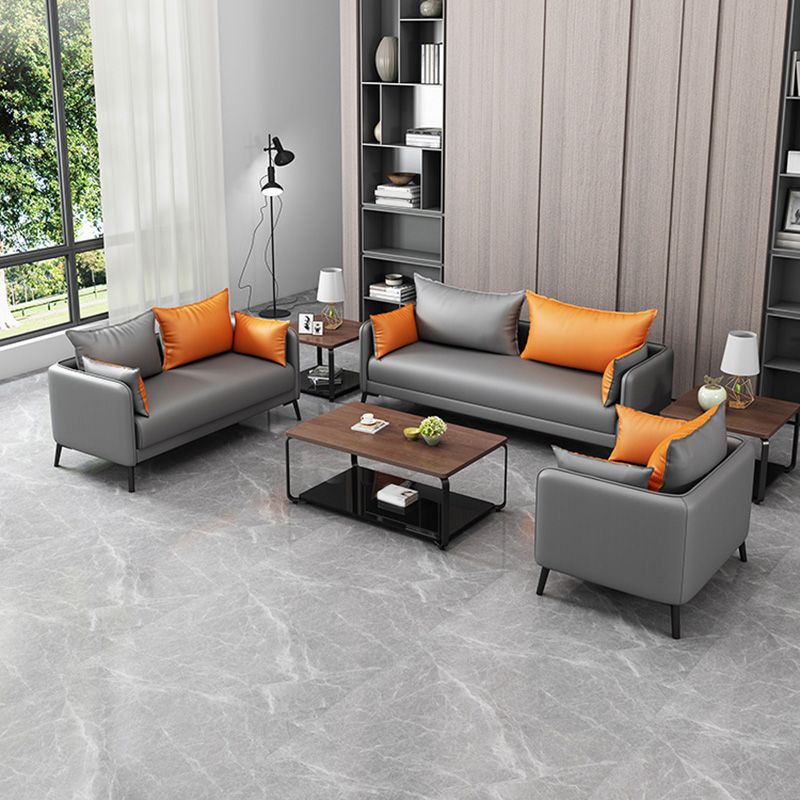 Contemporary Sofa Faux Leather Square Arm Sofa with Pillows for Apartment