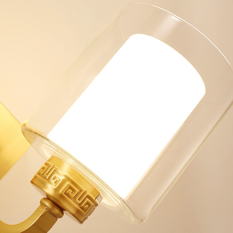1 Kopfwandbeleuchtung mit Zylinderschatten klar und weißes Glas moderne Schlafzimmer Wandleuchte im Messing