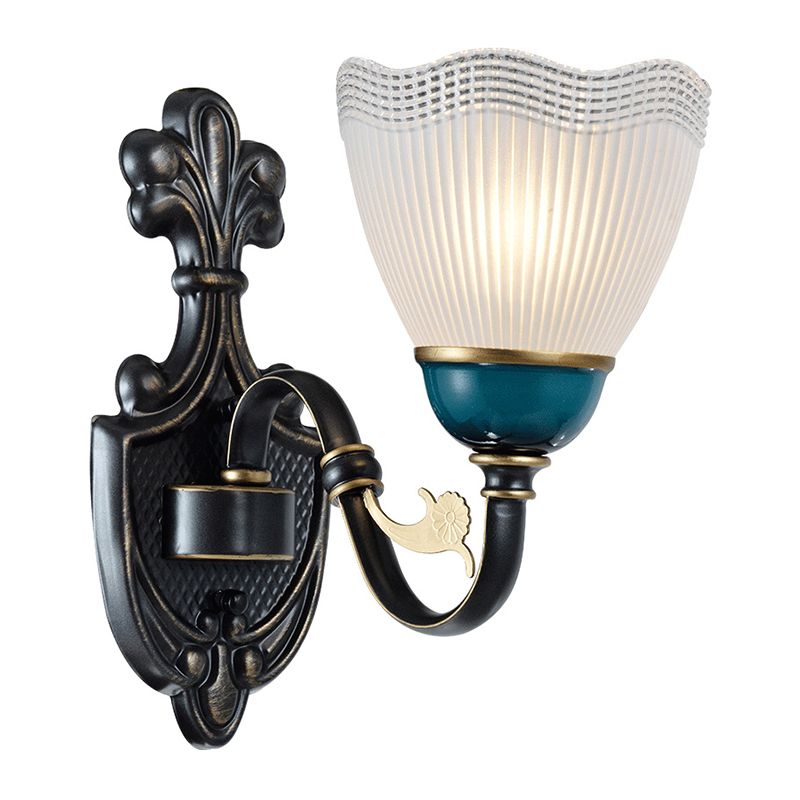 1/2-Head Scalloped Pleated Wall Mount Lamp Traditional Black Ribbed Glass Sconce Light with Curvy Arm