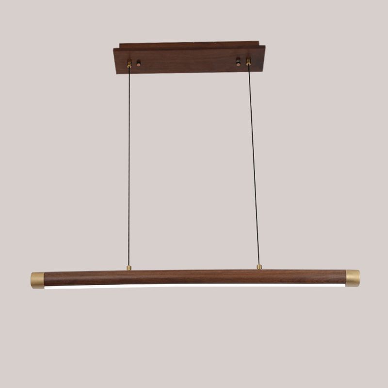 Minimalistic Linear Island Lighting Walnut Wood Tea Room LED Hanging Light in Dark Brown
