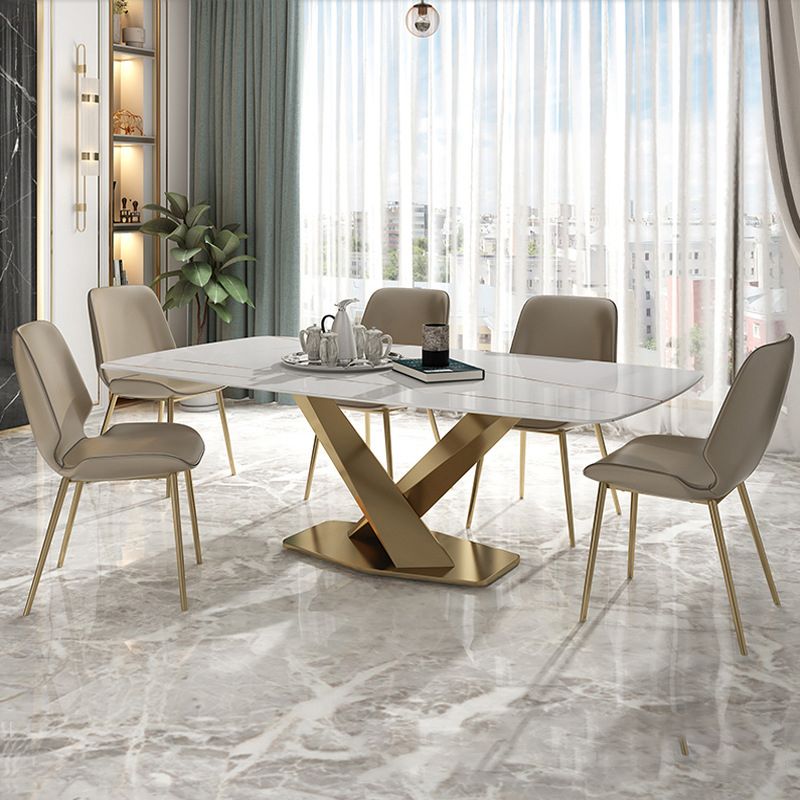 Mesa de comedor rectangular de lujo tradicional mesa de piedra sinterizada blanca con base de pedestal