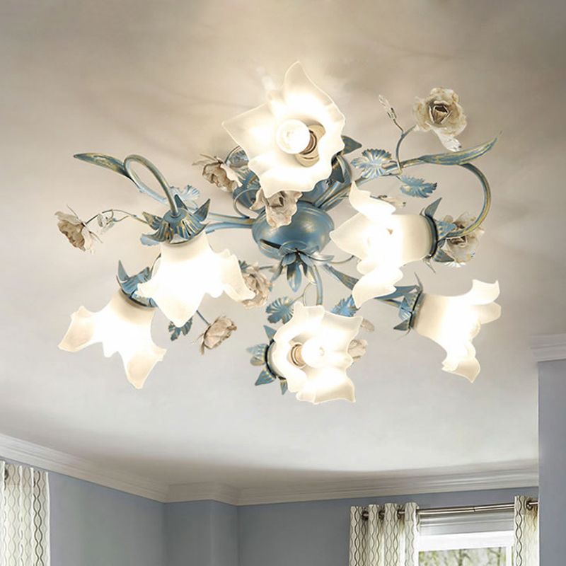 Verre d'opale florale Semi Flush Korean Garden 6/8 HEAD SOIR LEVIL LECLUATION PLADIER PLACE en bleu