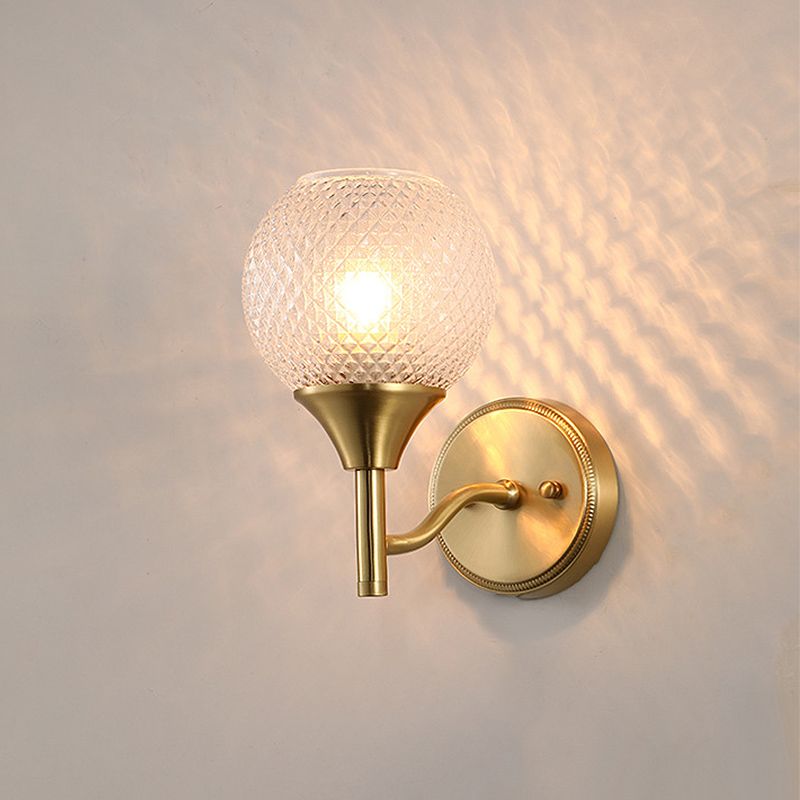 Spherical Corridor Wall Mounted Lighting Colonialist Clear Ribbed Glass 1-Light Gold Sconce
