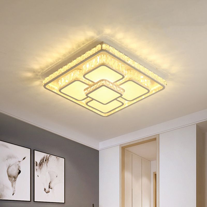 LED Parlor Flush Light Fixture Modern Chrome Ceiling Flush Mount with Square Crystal Shade