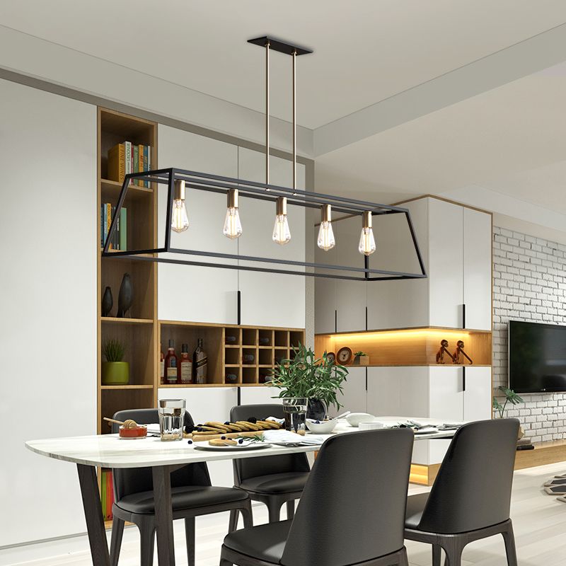 5 Bulbs Metal Island Light Fixture Industrial Black Trapezoid Dining Room Ceiling Suspension Lamp