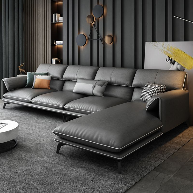 35"H Contemporary Sectional Sofa Leather Grey Stationary Sectionals