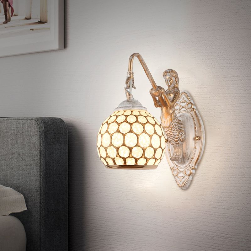 Sphere Bedroom Wall Lighting Ideas Traditional Style Metal 1 Head White Wall Sconce Light with Resin Mermaid Backplate