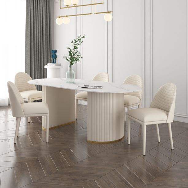 Oval Double Pedestal Modern Dining Table Sintered Stone Fixed Table for Kitchen