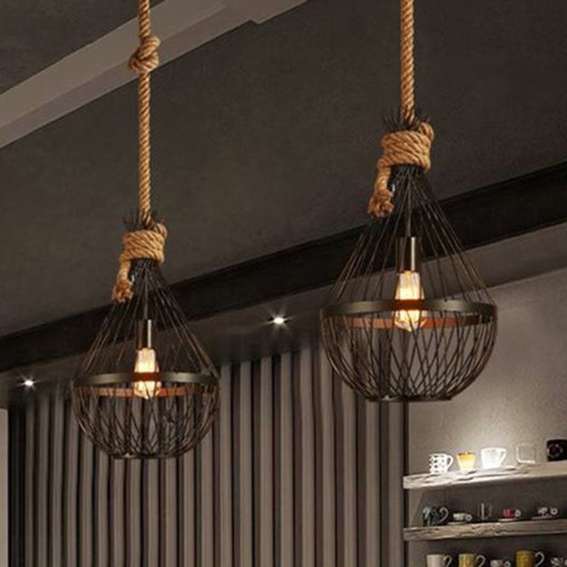 Pear-Shaped Iron Suspension Lighting Retro 1 Head Restaurant Pendant Ceiling Light with Hemp Rope in Black