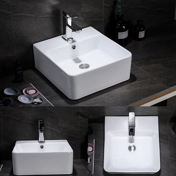 Contemporary Vessel Bathroom Sink Rectangular White Ceramic Overflow Drain Assembly Sink