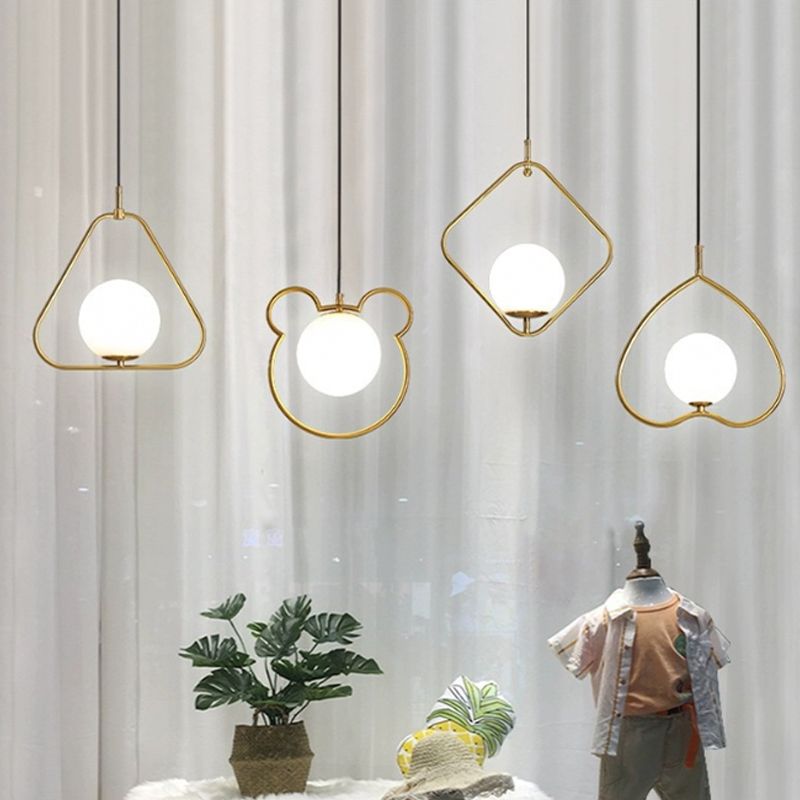 Orb Ceiling Pendant Minimalist Milky Glass 1 Head Gold Pendulum Light with Metal Frame