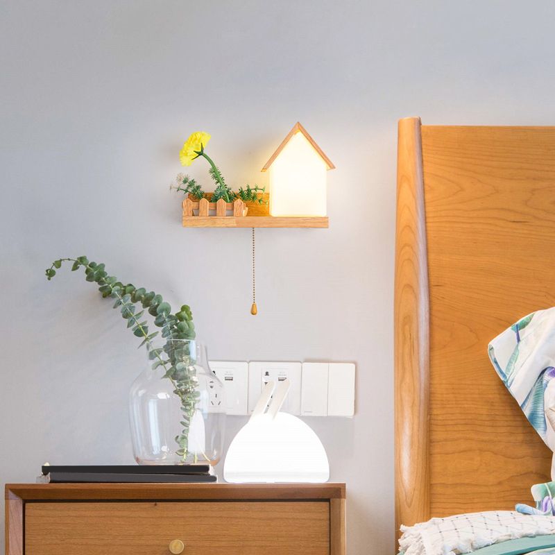 Modern Style House Shape Wall Light Wood 1 Light Sconces for Bedroom without Plant