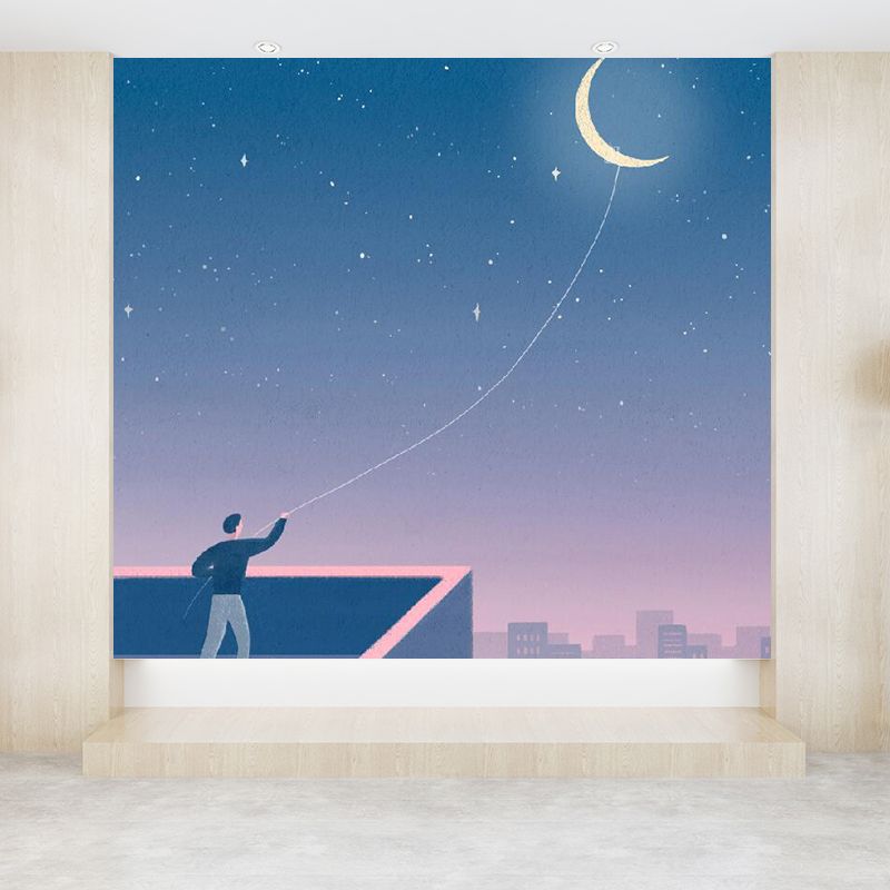 Moon and Cityscape Mural Wallpaper Blue Contemporary Wall Covering for Living Room
