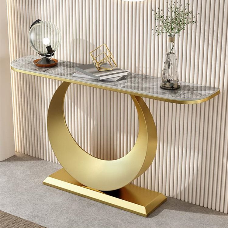 Contemporary Console Accent Table Antique Finish Half Moon Console Sofa Table in Stone