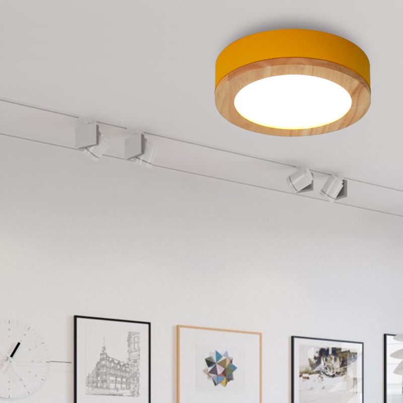 Drum Ceiling Light, Kids Flush Mount Light Fixture with Wood and Acrylic Shade for Bedroom