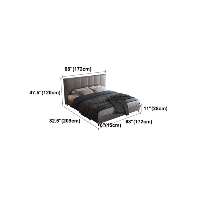 Wooden Modern Grey Bed Frame with Headboard, Genuine Leather Panel Bed