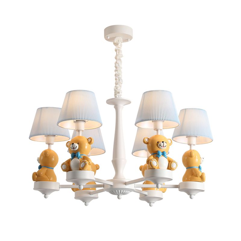 Yellow Bear Toy Chandelier Cartoon Resin Suspension Light with Tapered Gathered Fabric Shade