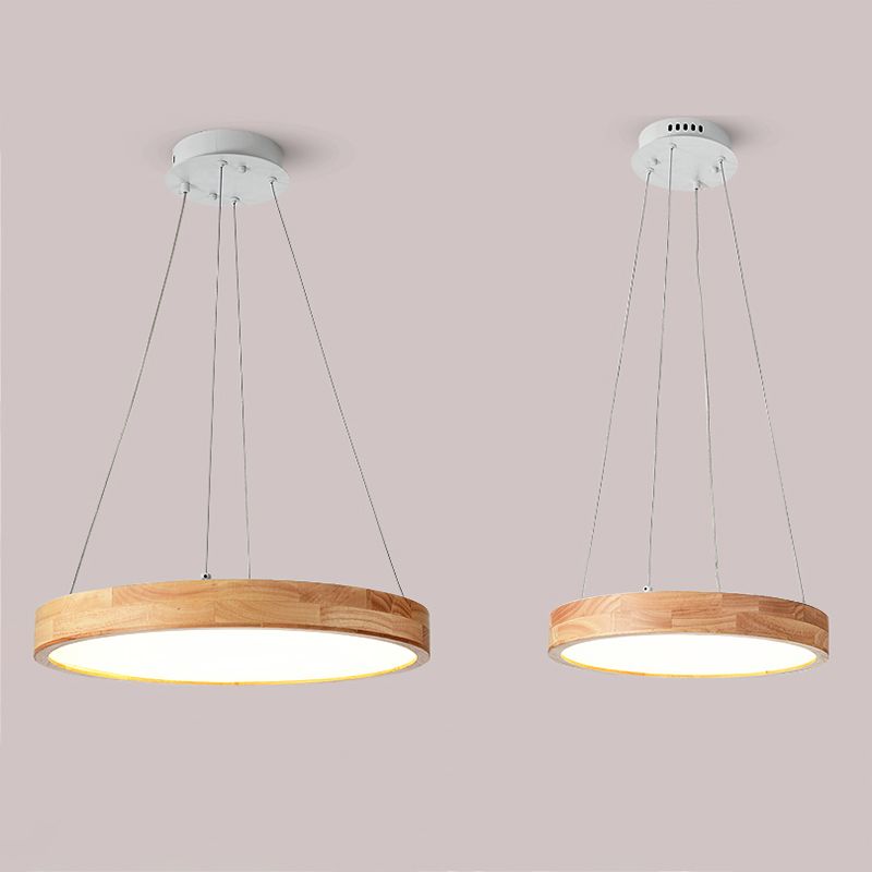 Round Wooden Hanging Lamp LED Pendant Light for Dining Room with Acrylic Shade