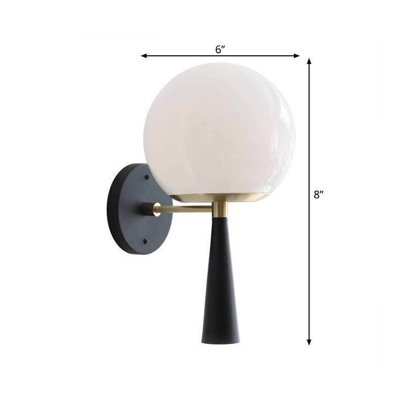 White Glass Globe Wall Light Fixture Post Modern 1-Bulb Black Wall Mount Lamp for Bedroom